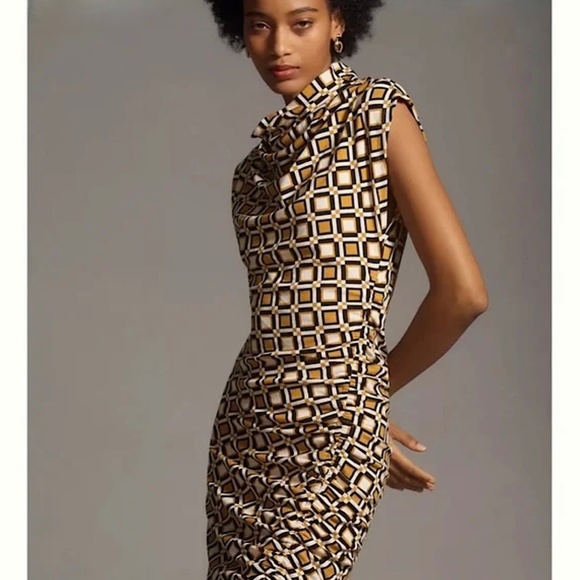 ANTHROPOLOGIE Maya Geometric Print Ruched Cowl Neck Sleeveless Sheath Dress - Picture 1 of 14